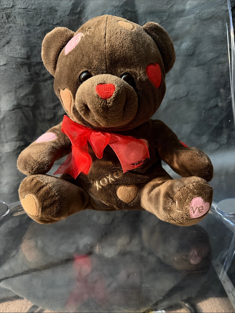 Chocolate Heart Plush Bear with Red Bow